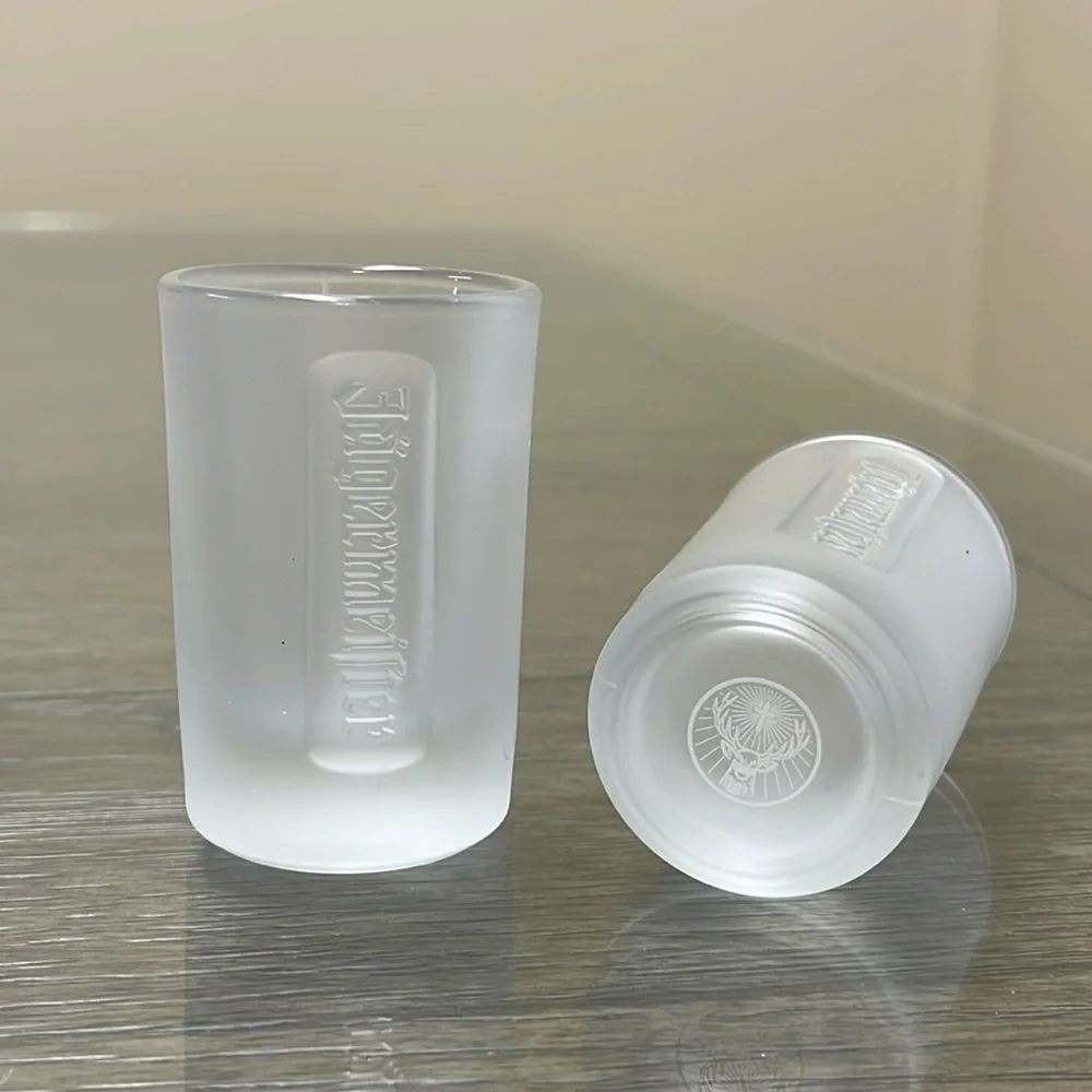 Pair of Embossed Jagermeister Frosted Glass 1 fl. oz Shot Glasses Barware Bar